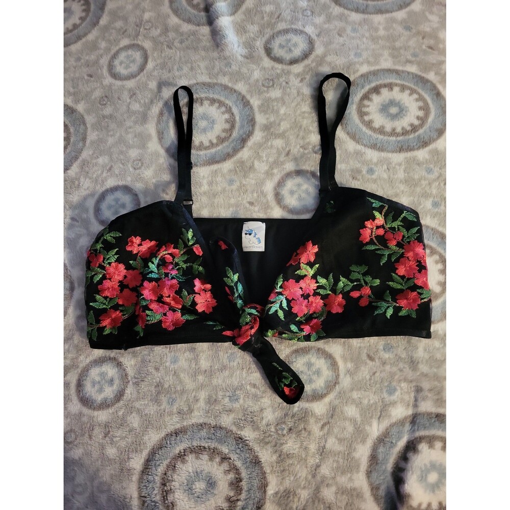 Black floral embroidered tie front bralette